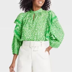 Who What Wear Green Floral Women's Top
